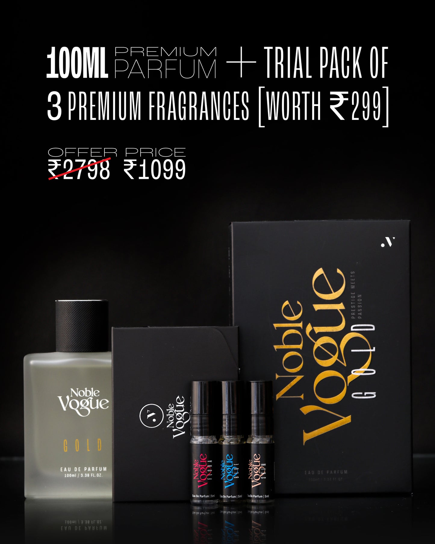 NOBLE VOGUE GOLD 100ML + TRIAL PACK OF THREE FRAGRANCE